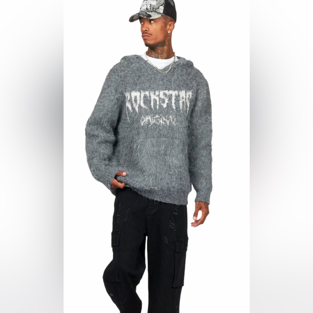 ROCKSTAR Men's Gray Crewneck‎ Sweater  with hood size  Small Relax
